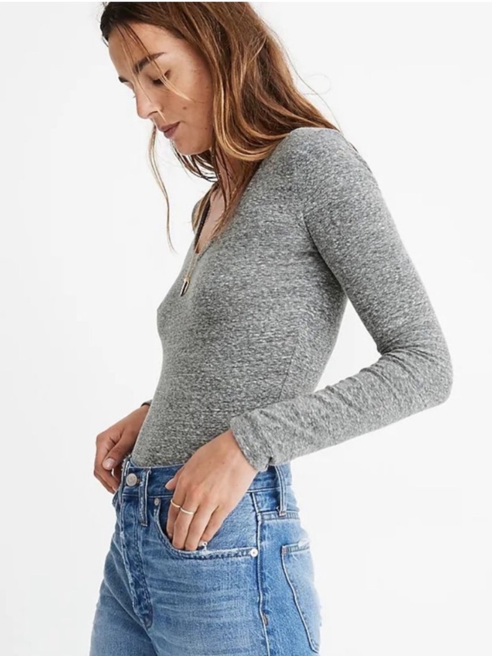 Madewell Grey Long Sleeve V-Neck Bodysuit, NWT!